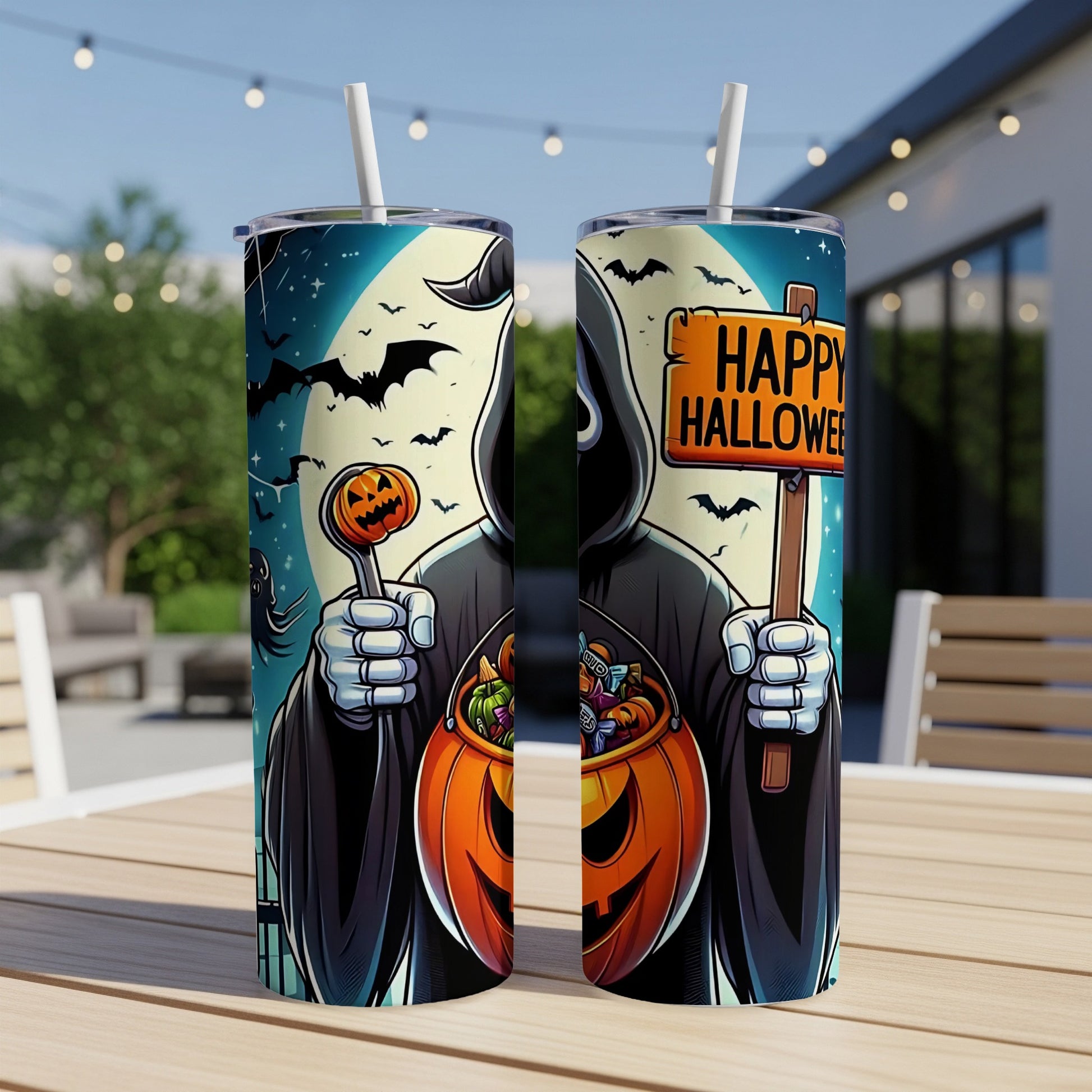 Grim reaper holding a pumpkin bucket and a jack-o-lantern lollipop, "Happy Halloween" sign.