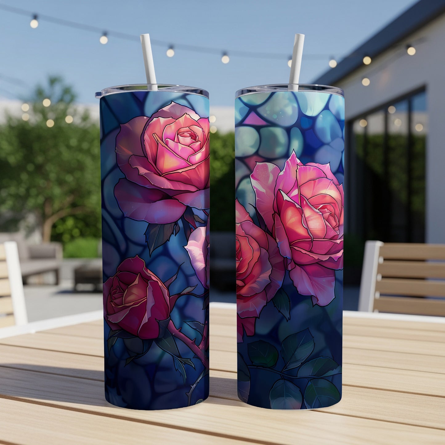 Two tall tumblers with a stained-glass rose design on a table.