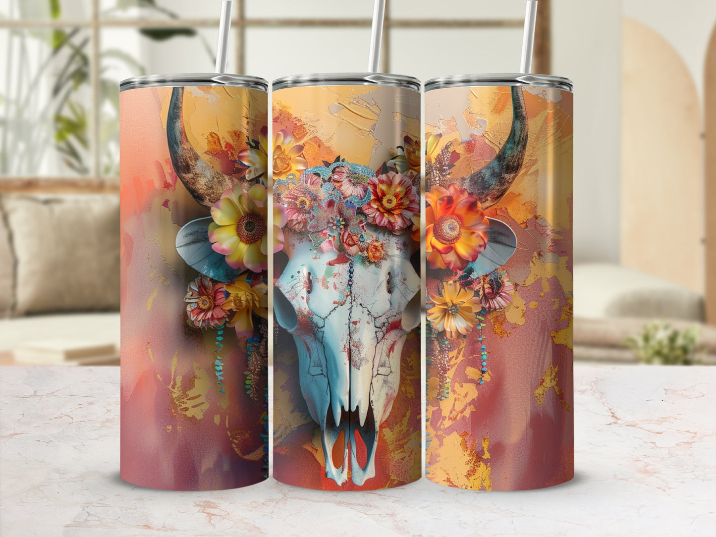Bull skull with floral crown on a colorful textured background.