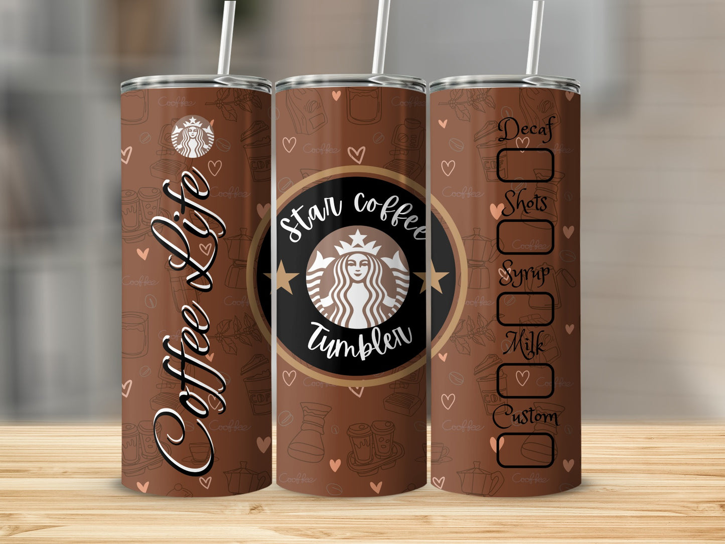 Star Coffee Tumbler with Decaf Shots Syrup Milk Custom Options
