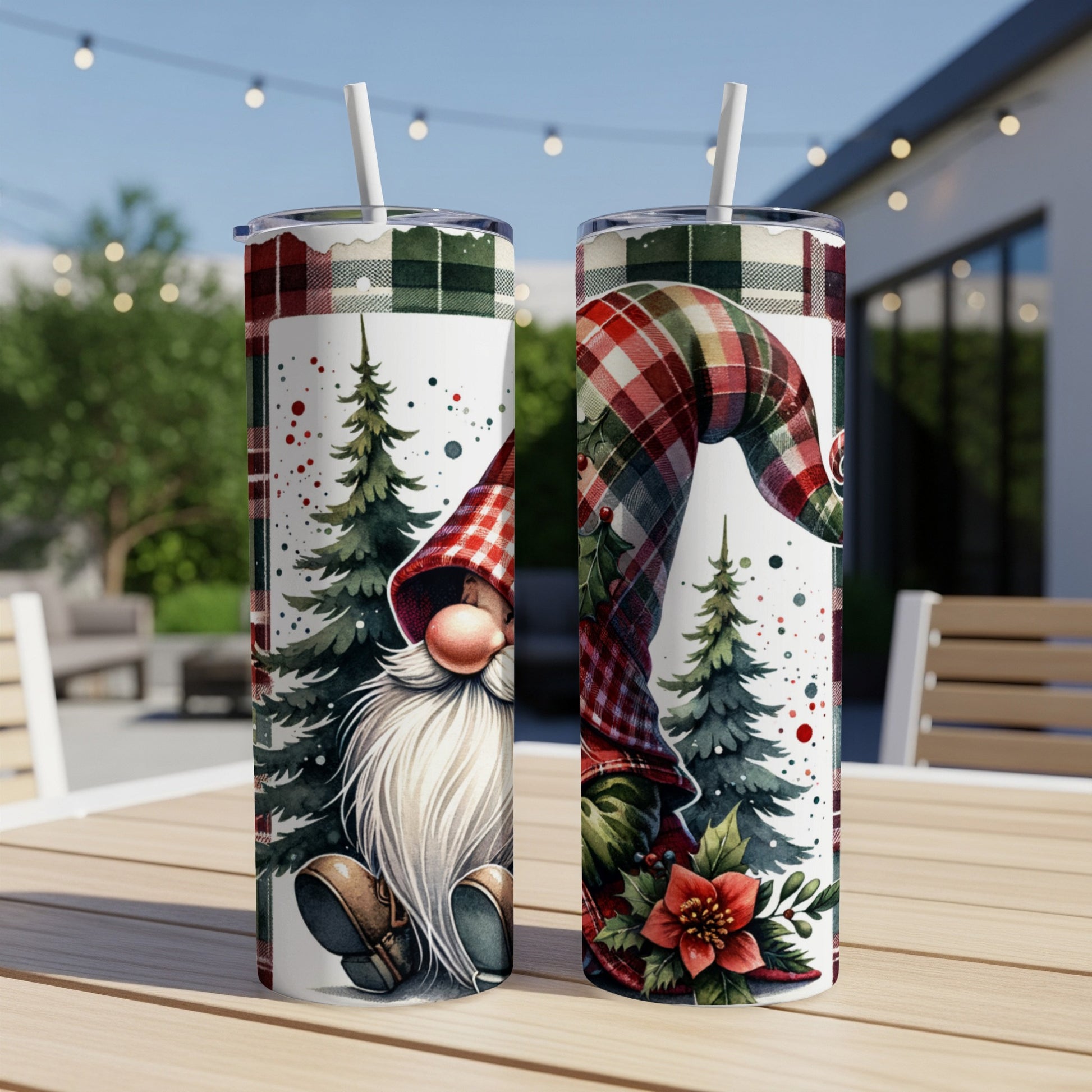Two Christmas gnomes with plaid hats and beards, surrounded by pine trees.
