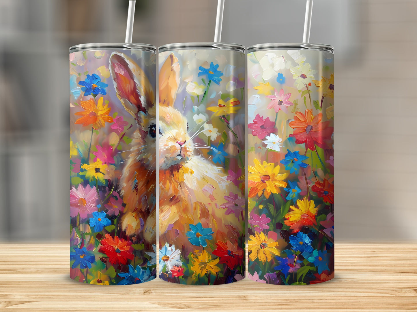 Bunny surrounded by vibrant, impressionistic flowers.