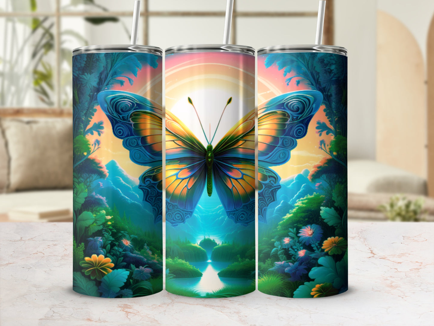 Colorful butterfly on a tranquil landscape with mountains and foliage.