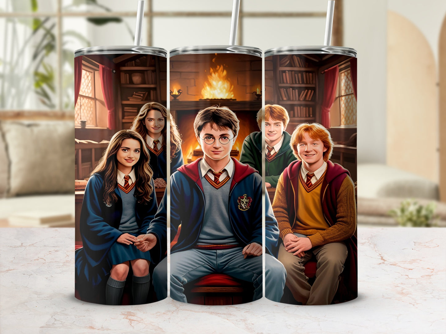 Harry Potter characters in Hogwarts robes seated in a library.