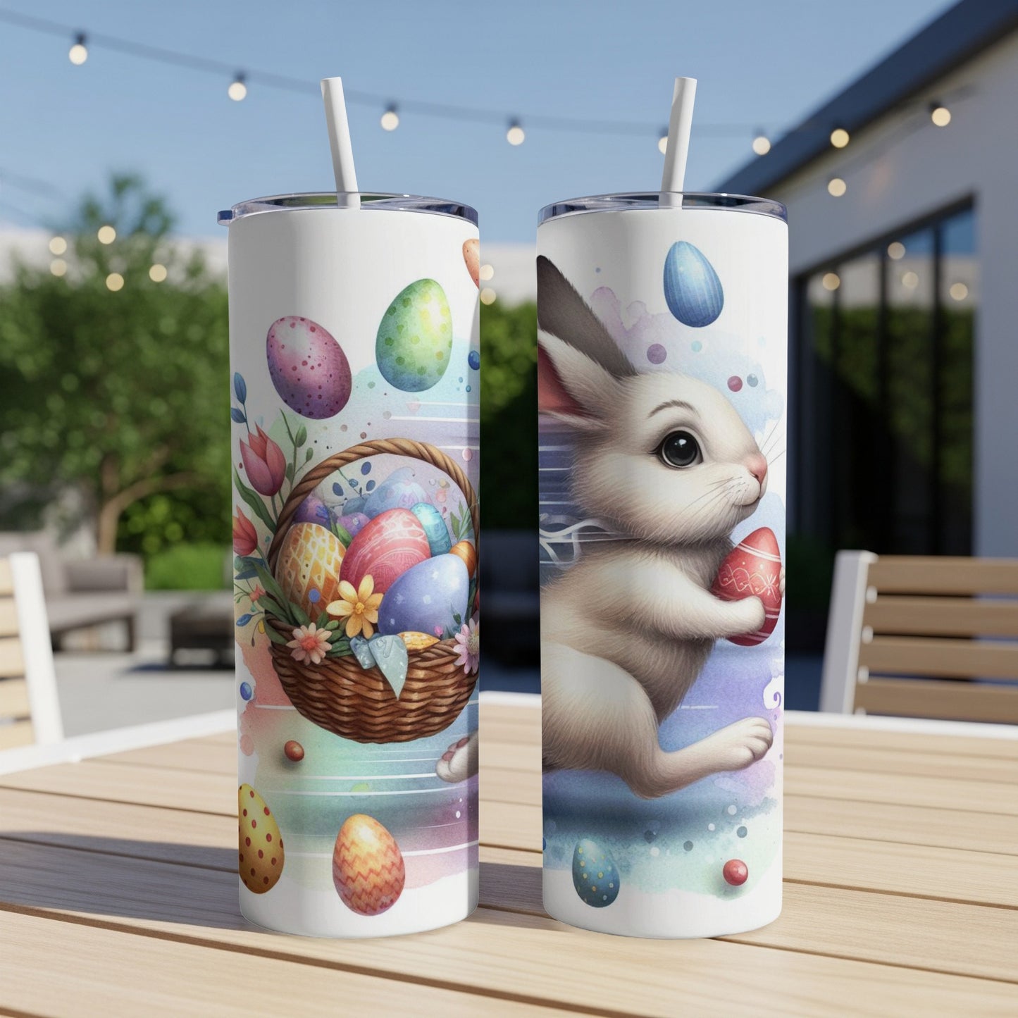 Two Easter-themed tumblers, one with a basket of eggs, the other with a rabbit.