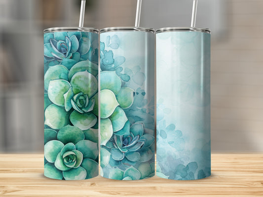 Three tumblers with succulent floral patterns in green and blue watercolors.