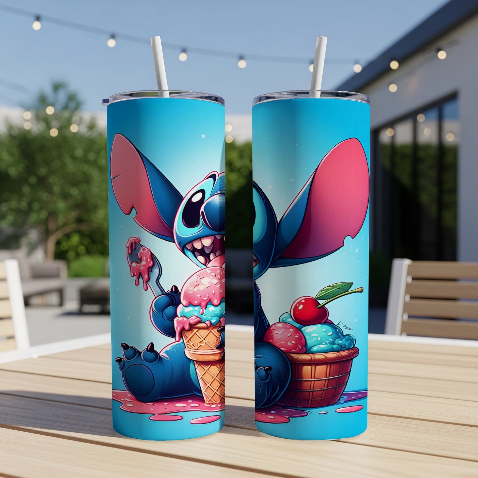 Stitch character holding an ice cream cone and spoon.