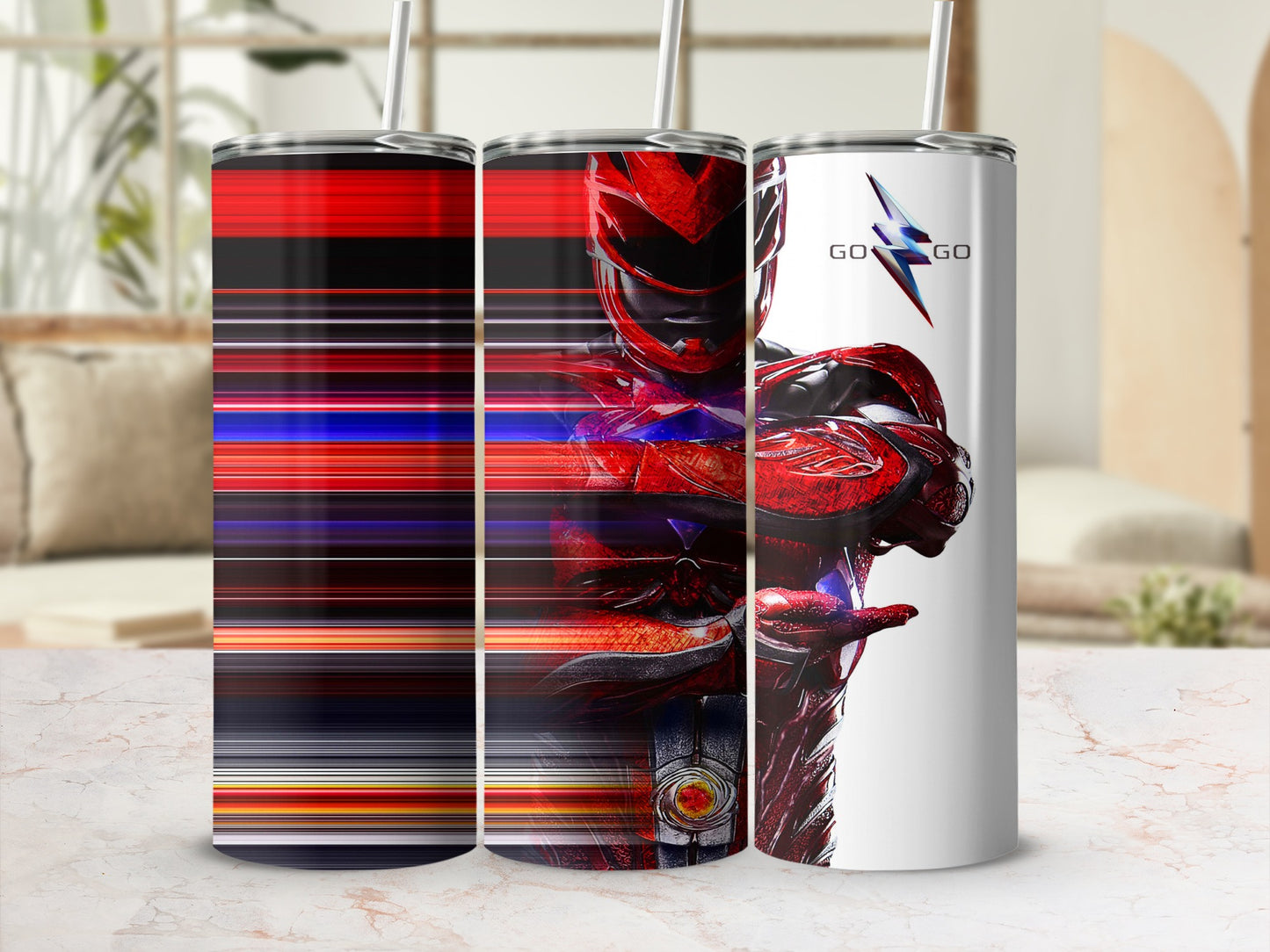 Red Power Ranger on a tumbler with abstract colorful stripes.