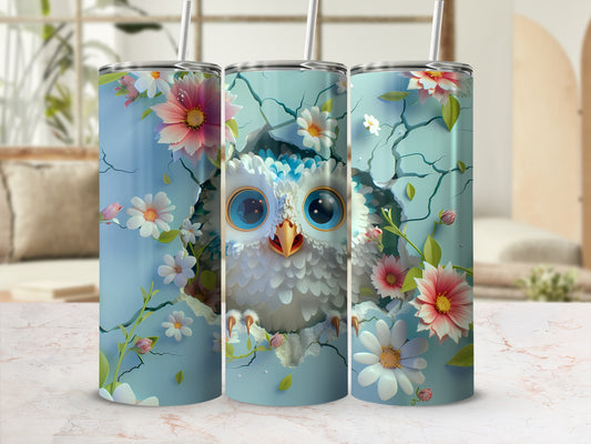 Owl peeking through cracked blue wall with floral accents.
