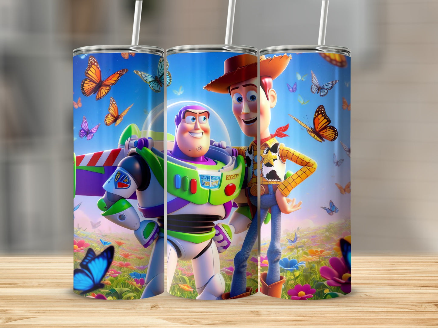 Buzz and Woody Colorful Tumblers with Butterflies