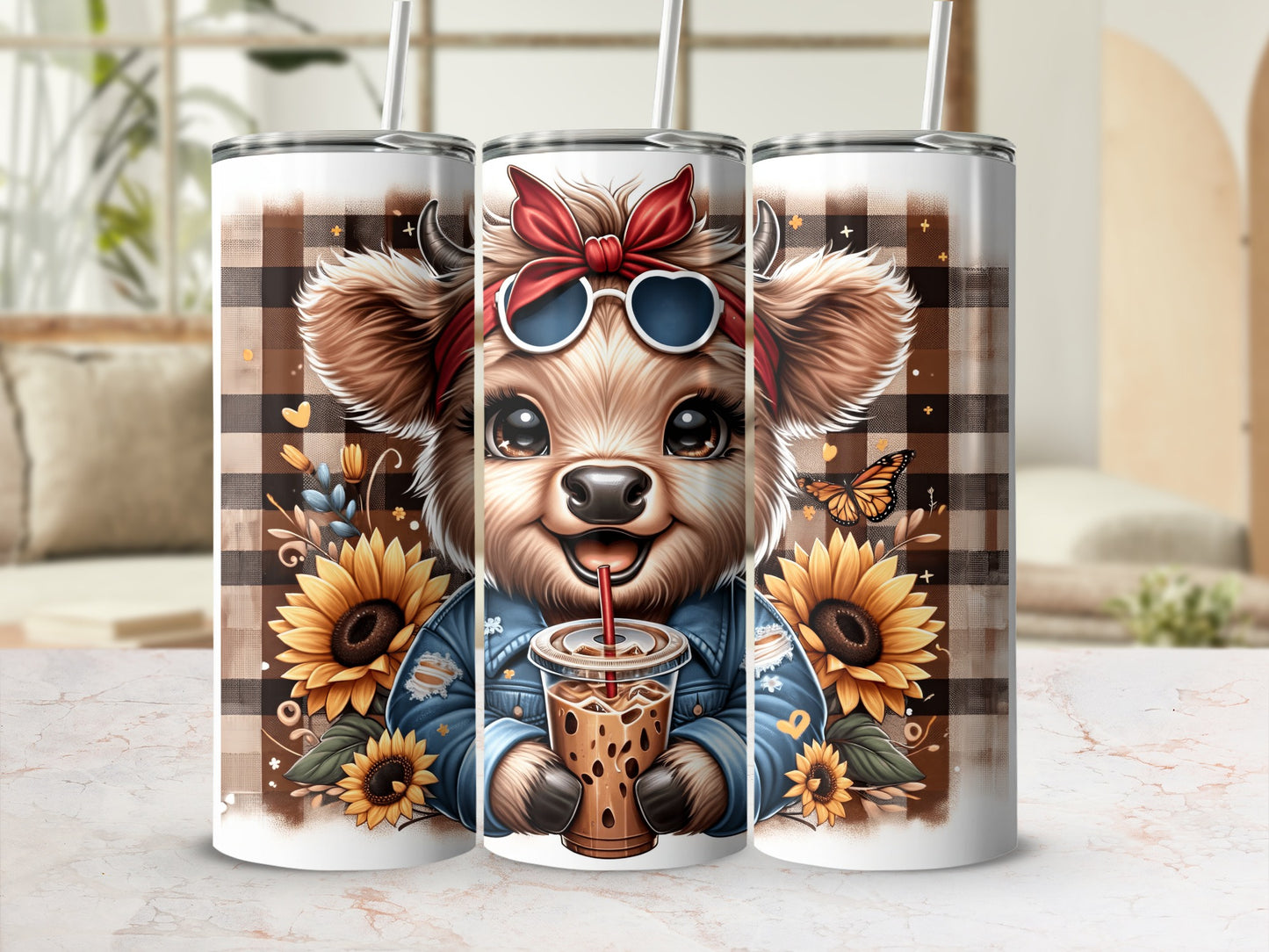 Cute cartoon cow in denim jacket with sunflowers and iced coffee.