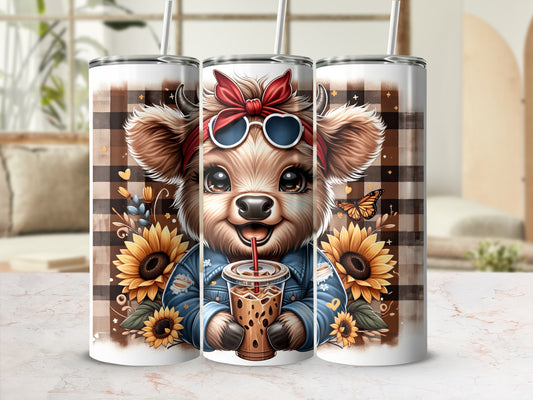 Cute cartoon cow in denim jacket with sunflowers and iced coffee.