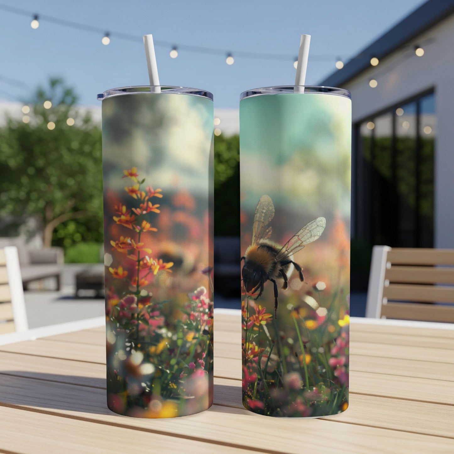 Two tumblers featuring a close-up of a bee on colorful wildflowers.
