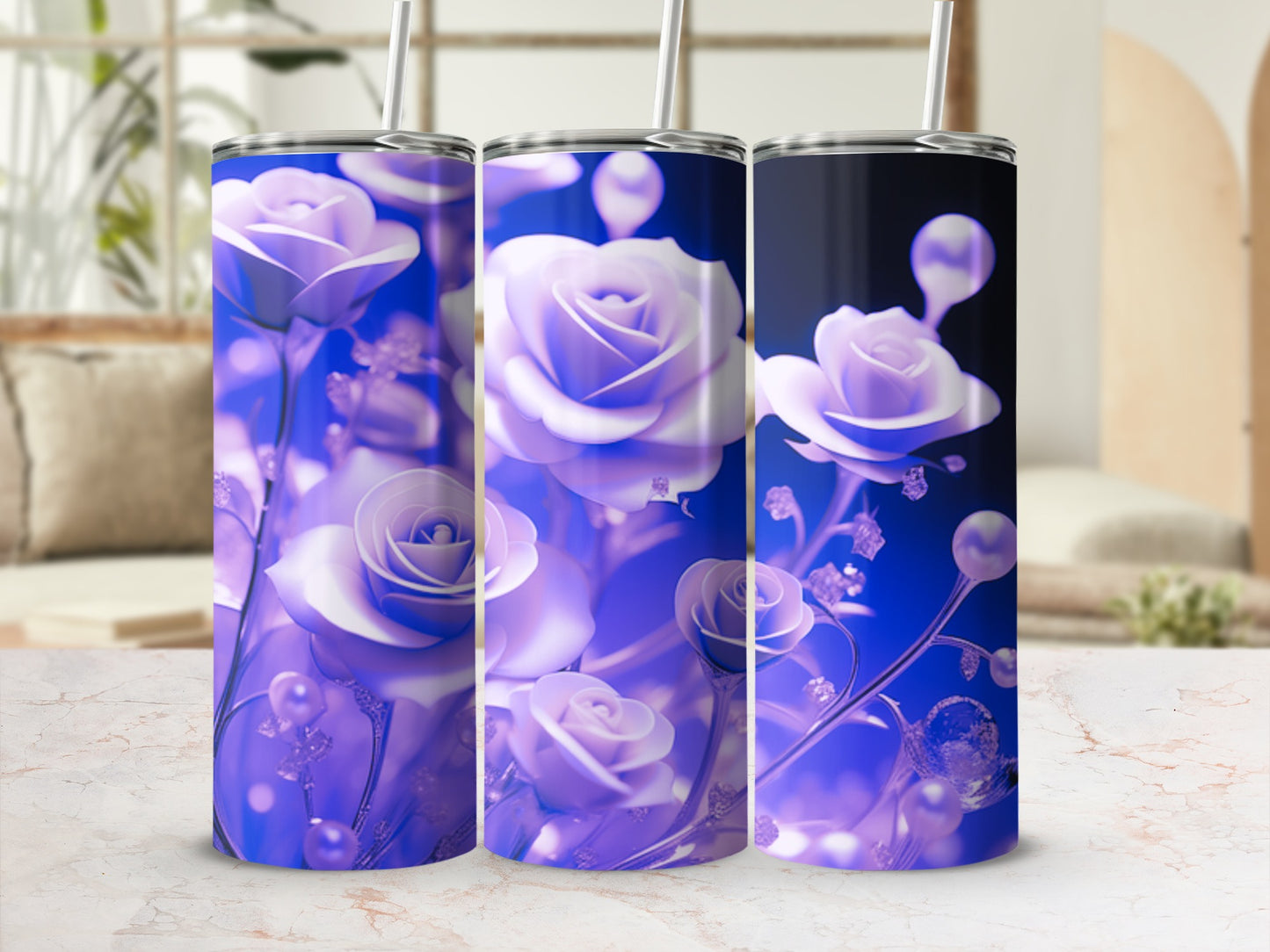 Three tumblers with a purple floral rose design.