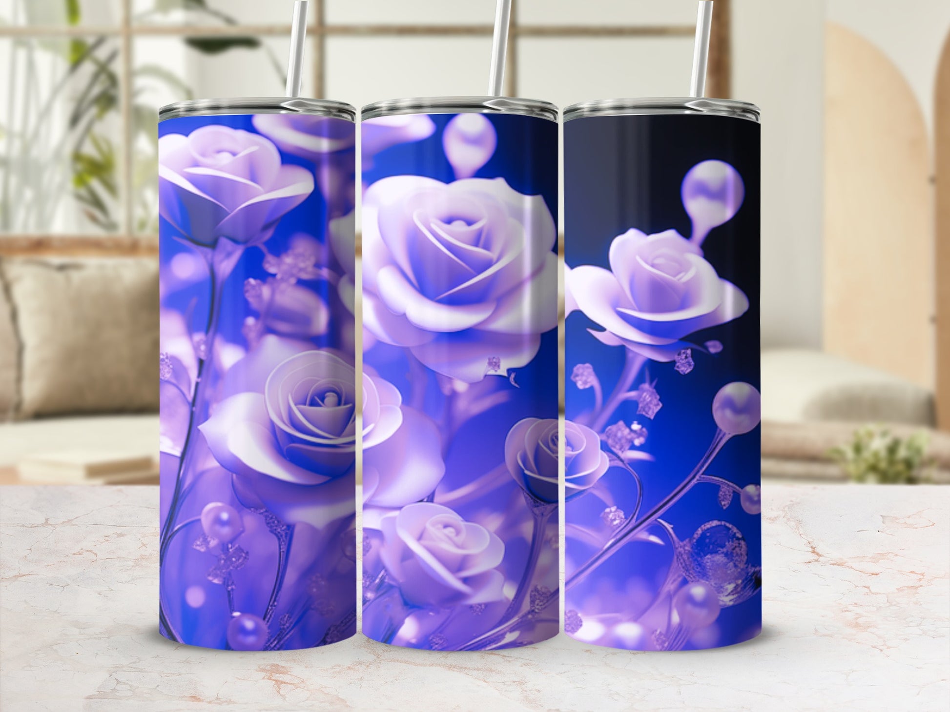 Three tumblers with a purple floral rose design.