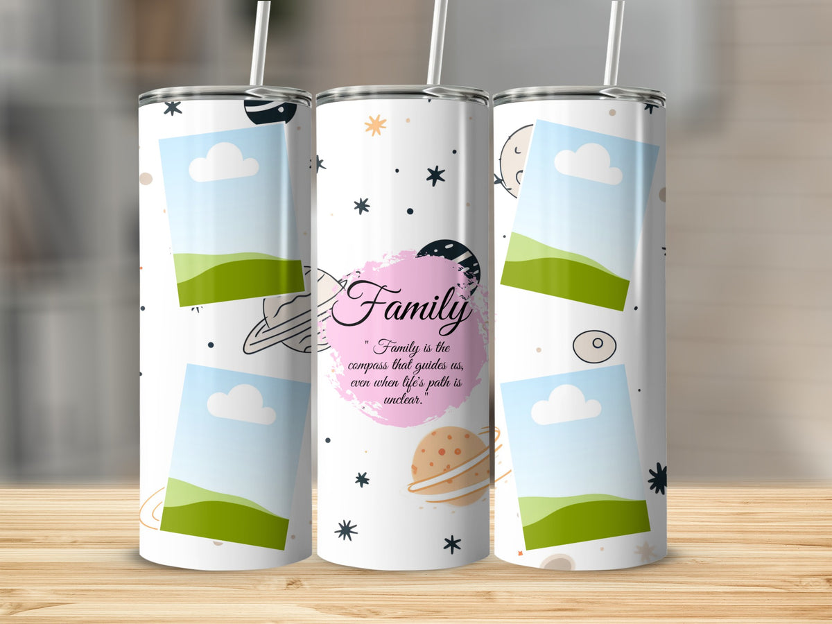 Three tumblers with a space-themed design, featuring photo frames and the quote "Family is the compass...".