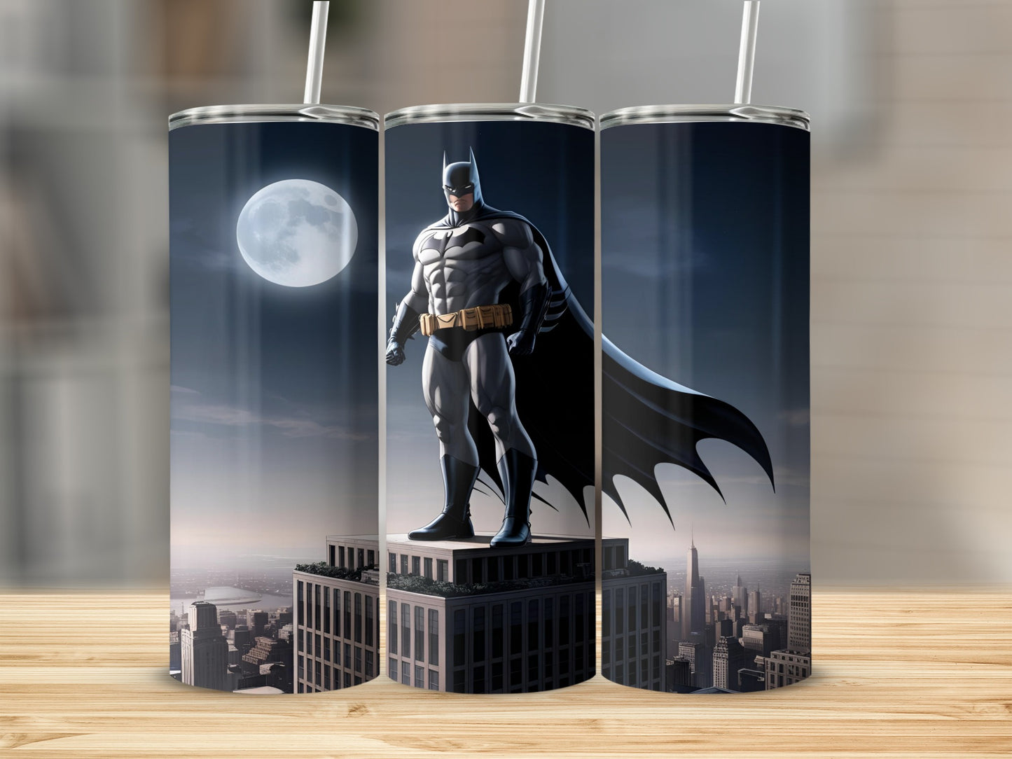 Batman standing on a skyscraper overlooking a city at night.