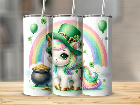 St. Patrick's Day unicorn with rainbow, pot of gold, and shamrocks.