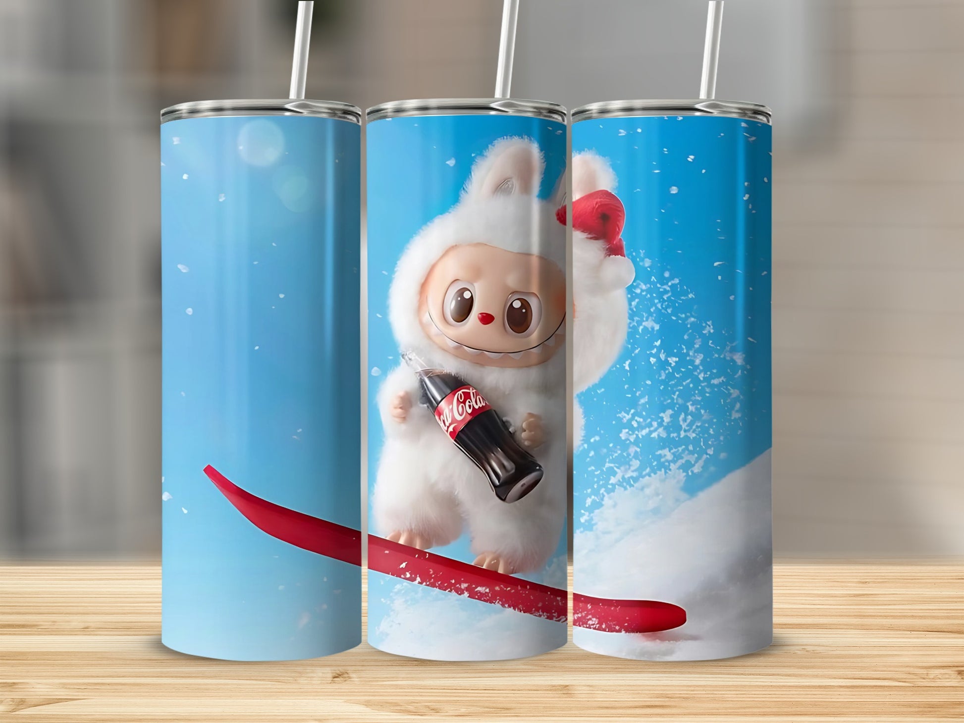 Cute Snowboarding Animal Holding Coke Tumbler Cup Design