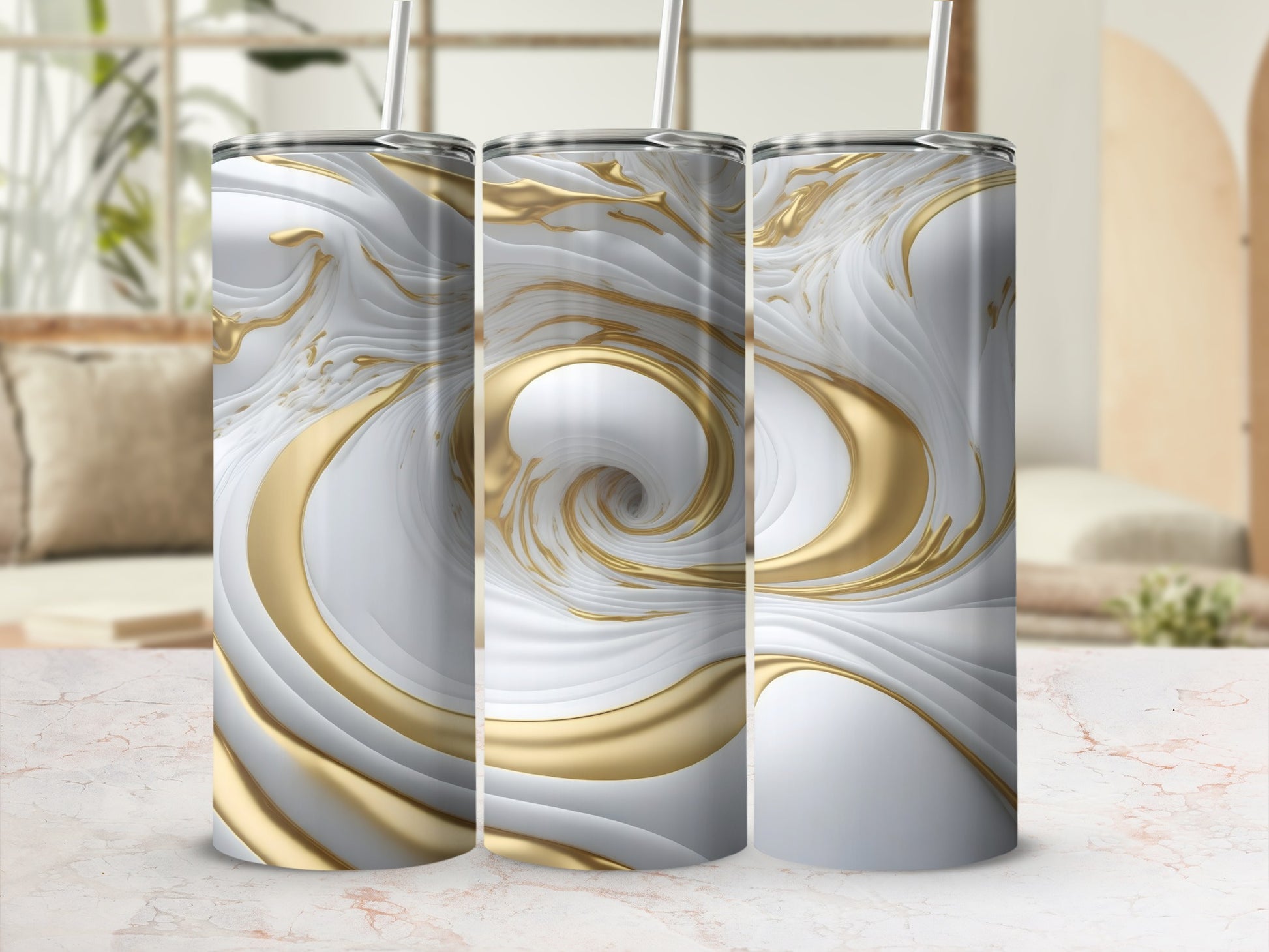 Three white tumblers with swirling gold and white marbled design.