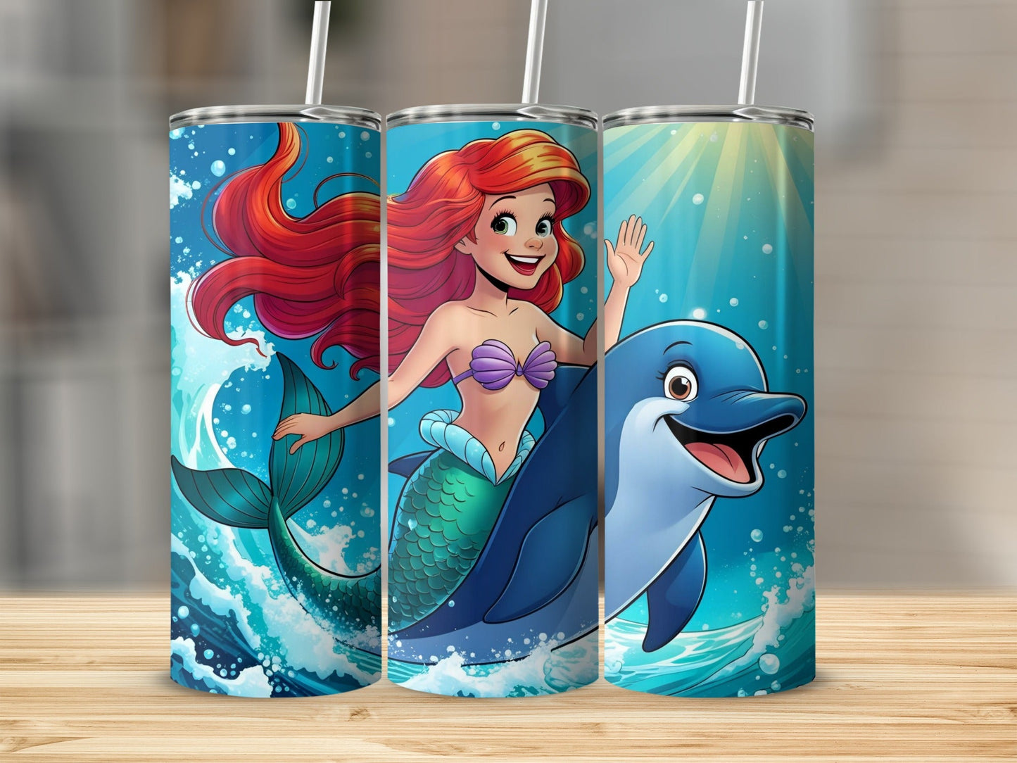 Ariel the mermaid waves with a dolphin in a bubbly ocean scene.