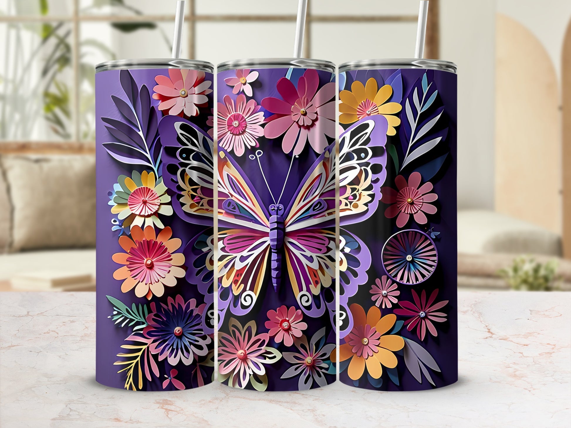 Three purple tumblers adorned with a colorful butterfly and floral papercraft designs.