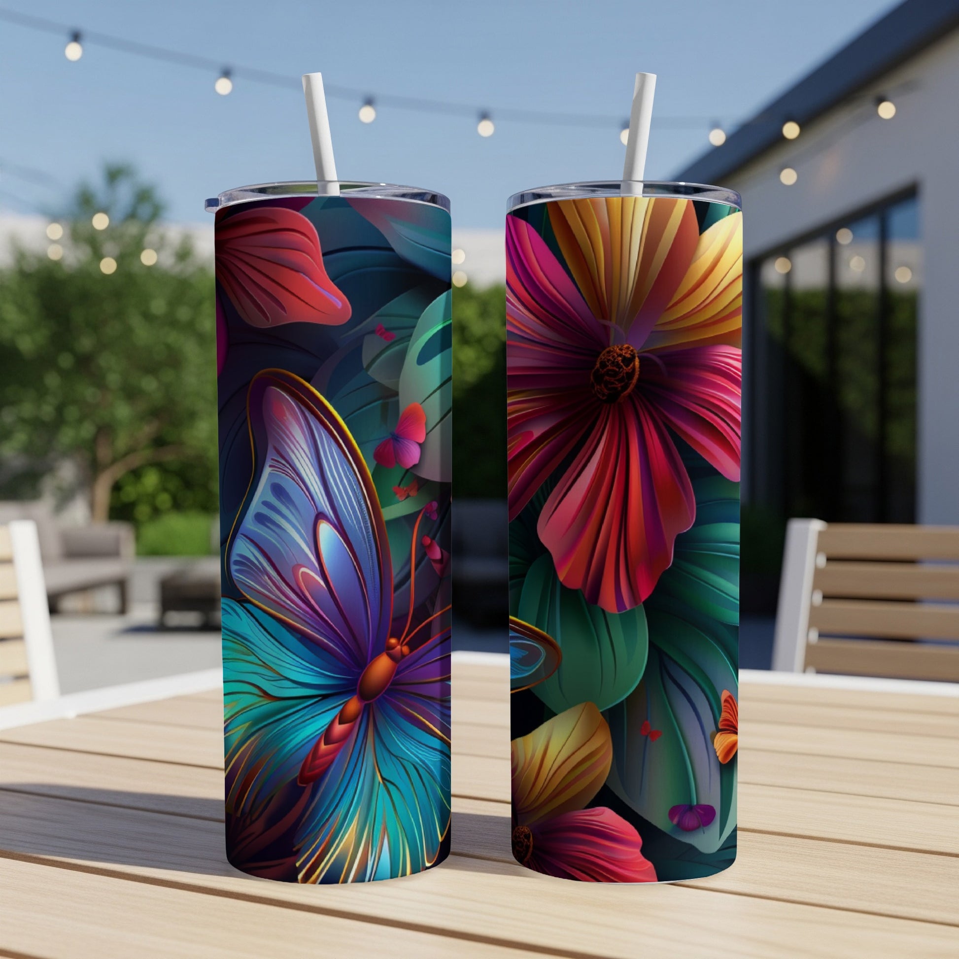 Two tumblers with vibrant butterfly and floral designs on a wooden table.