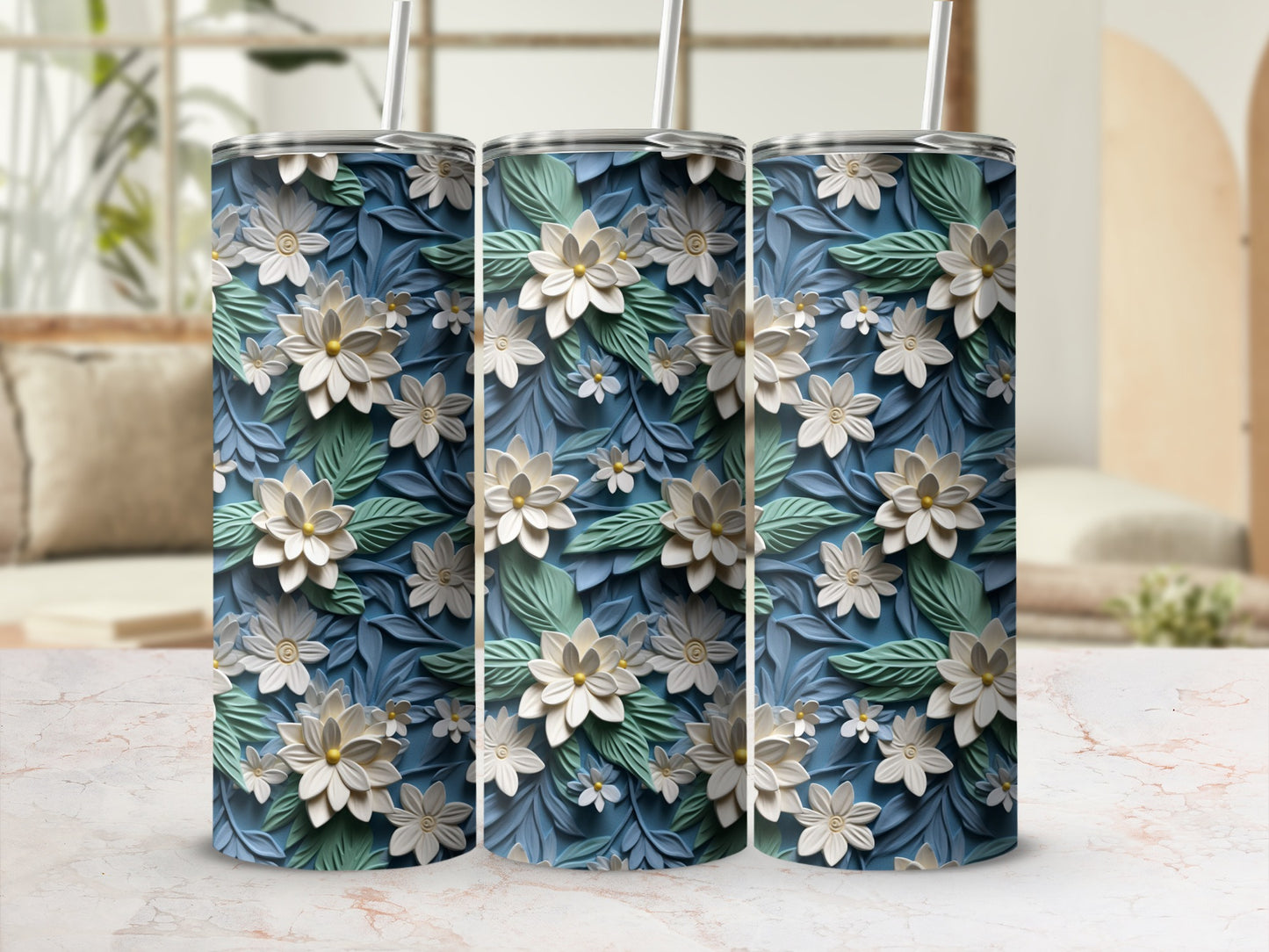 Blue Floral Patterned Tumbler for Stylish Beverage Holders