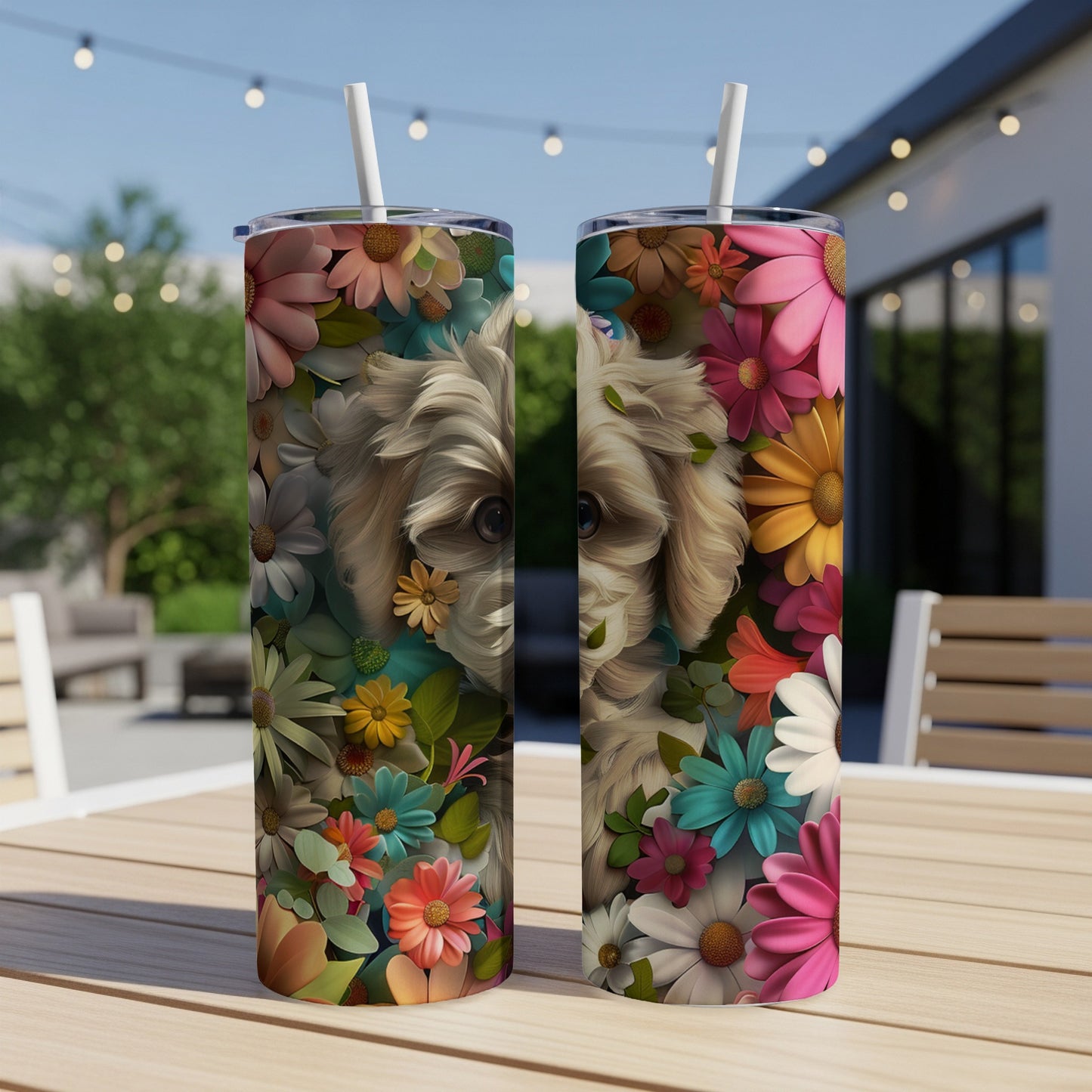 White dog face surrounded by colorful floral illustrations on two tumblers.