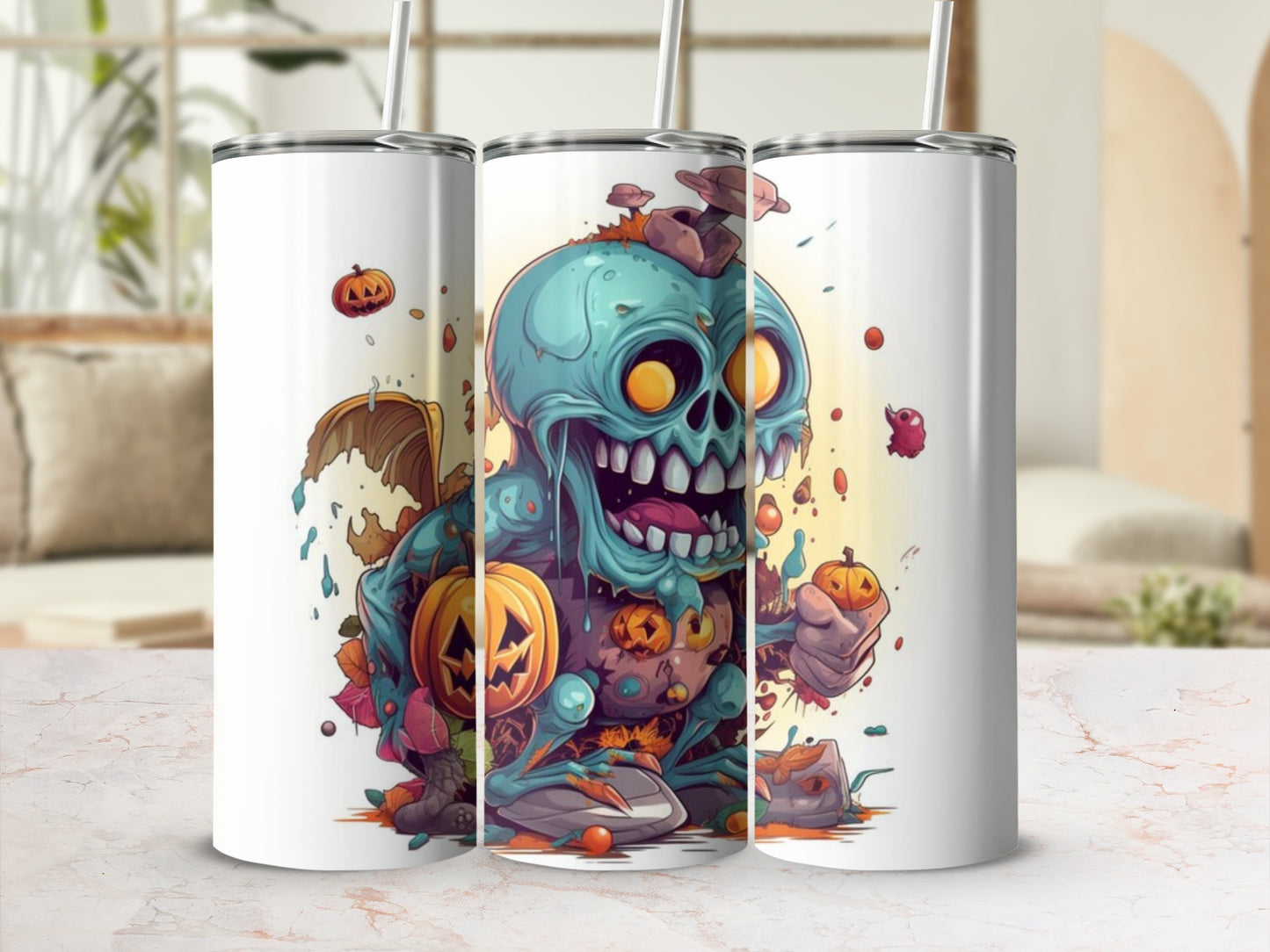 Tumblers with a cartoon zombie and pumpkins design.