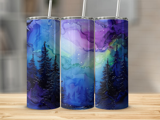 Three tumblers with a watercolor night sky and pine trees design.