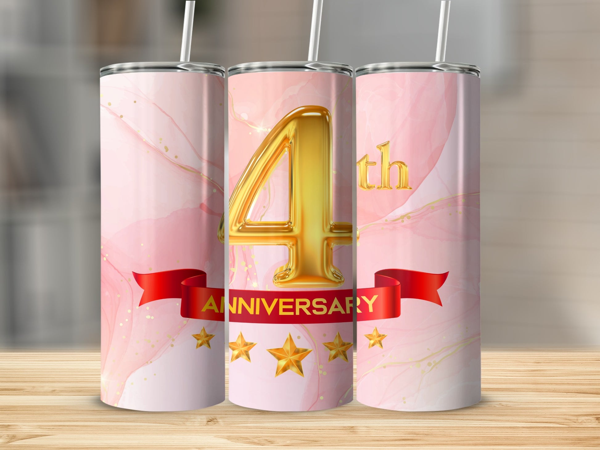 Three tumblers with pink marble pattern, "4th ANNIVERSARY" text, and gold stars.