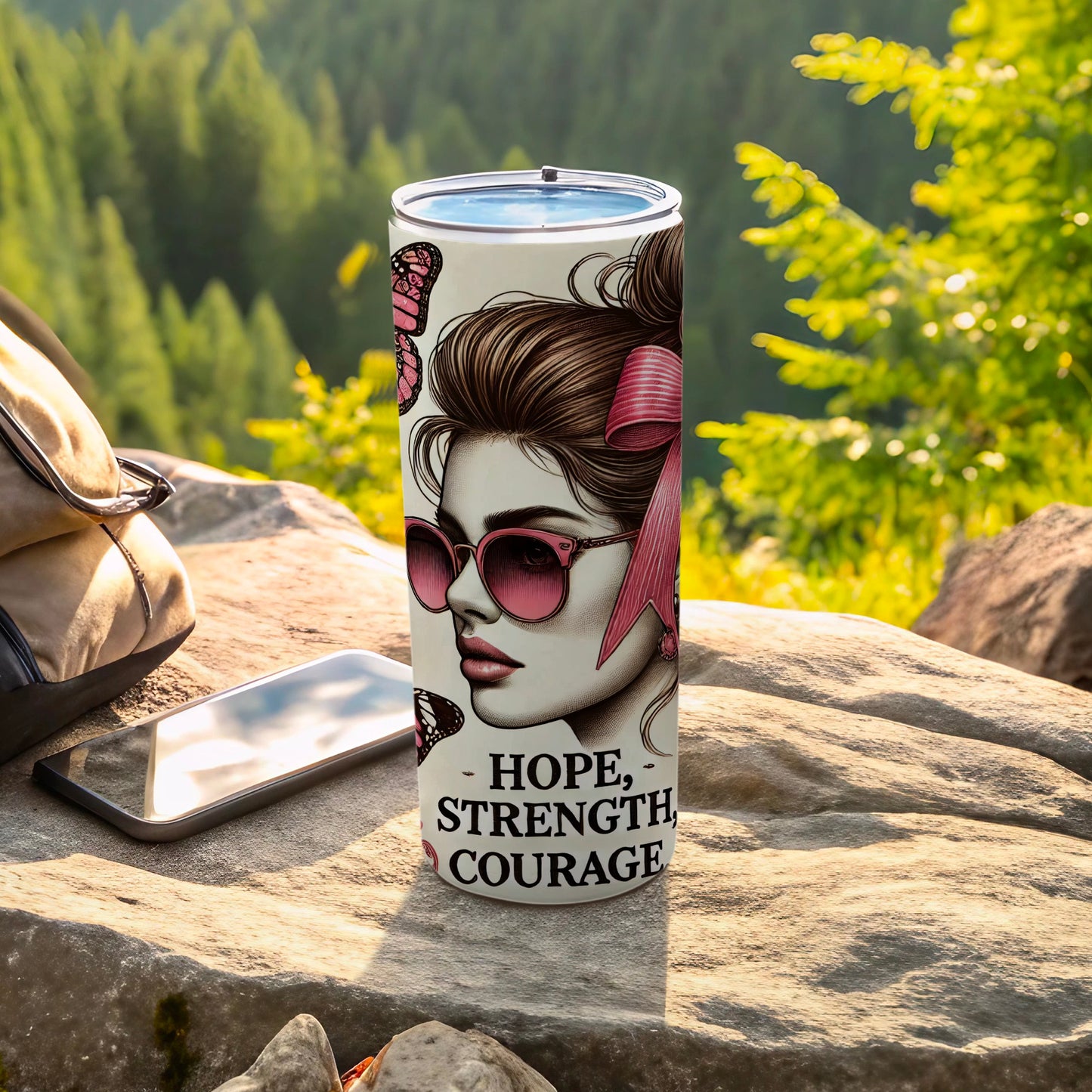 Tumbler with "Hope, Strength, Courage" text and butterfly design.