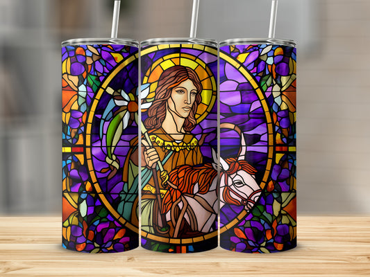 Stained glass tumbler design featuring Jesus and a donkey against a colorful background.