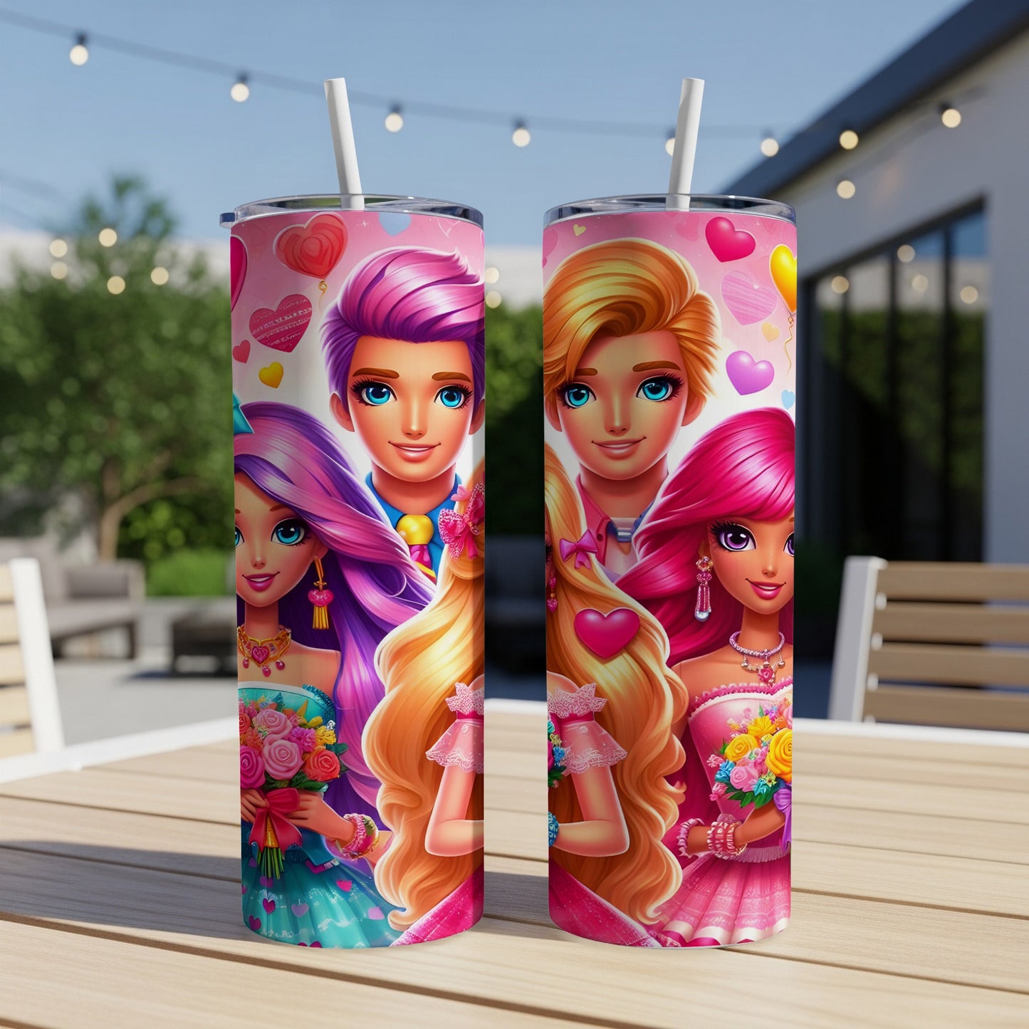 Two Barbie-style dolls with pink and blonde hair hold bouquets.