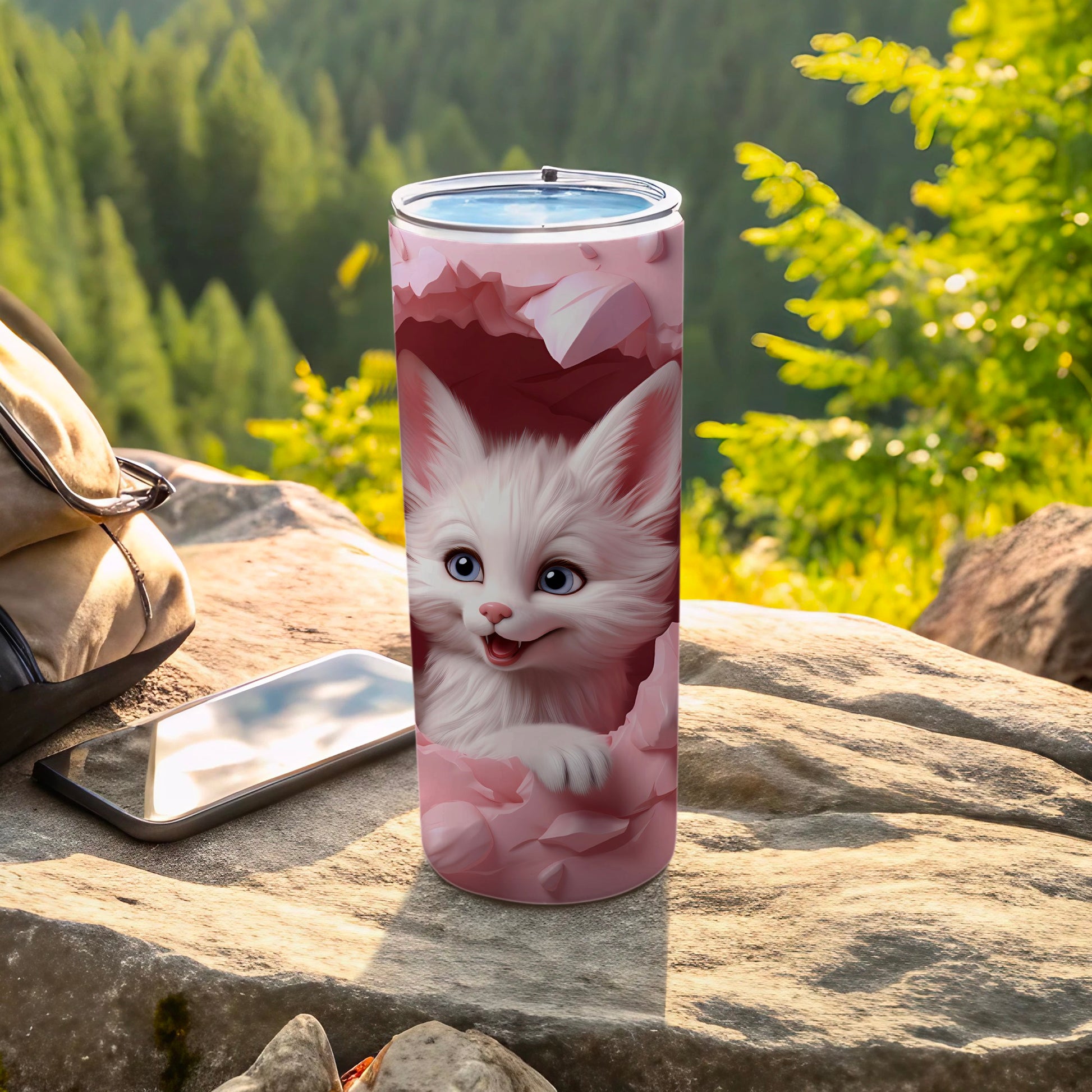 Cute White Kitten Tumbler with Pink Background Design