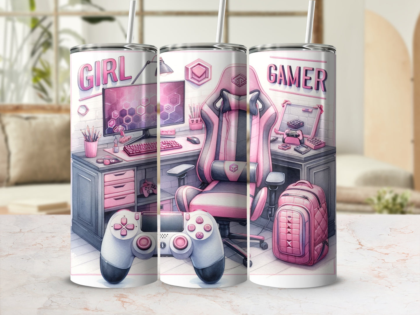 Pink and white gamer desk, chair, and controller tumbler.