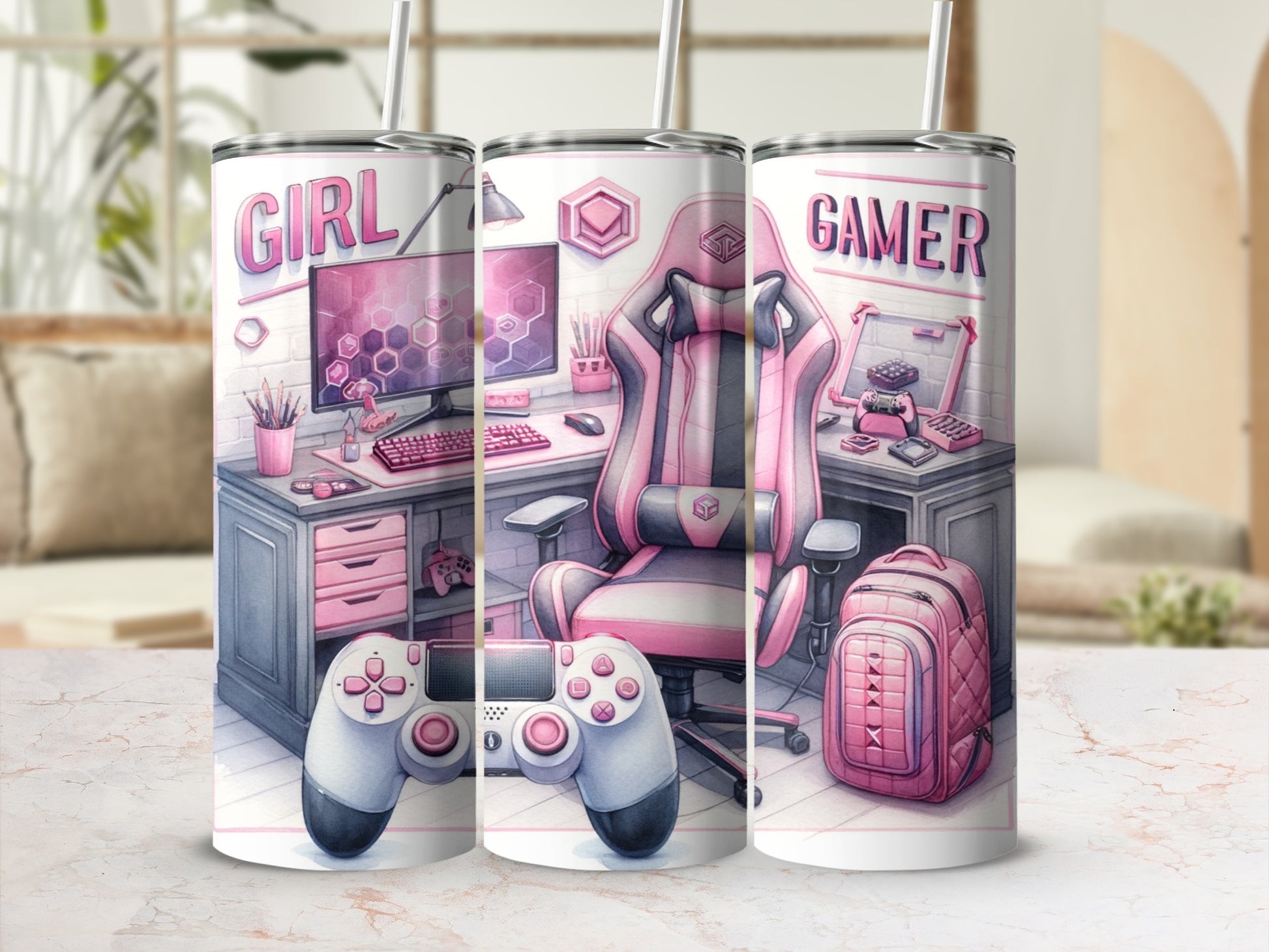 Pink and white gamer desk, chair, and controller tumbler.