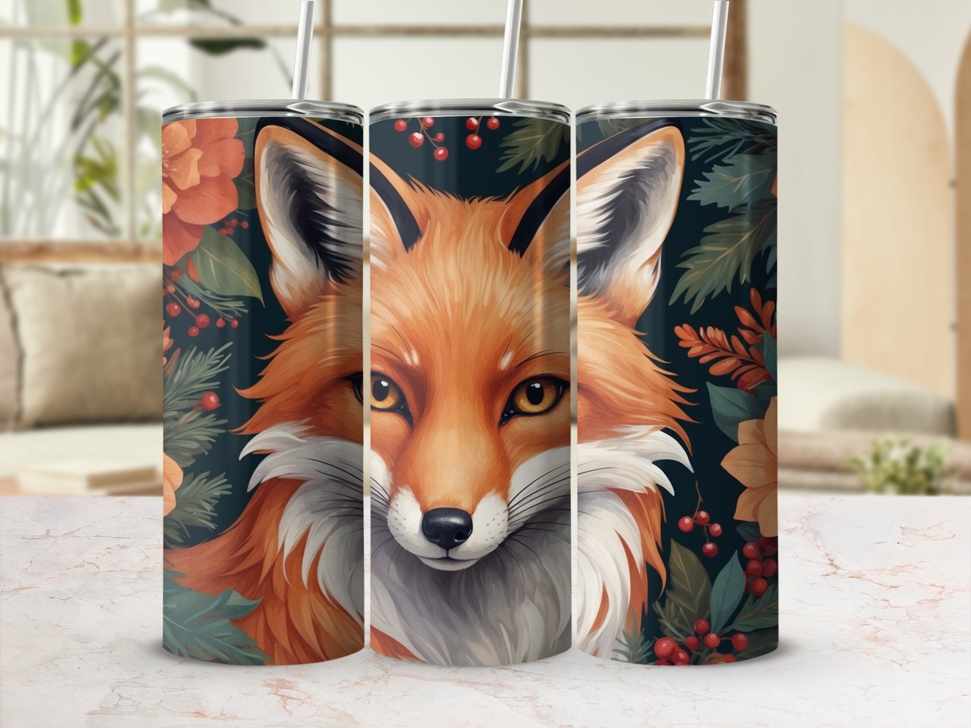 Close-up of a fox's face with floral and berry accents.