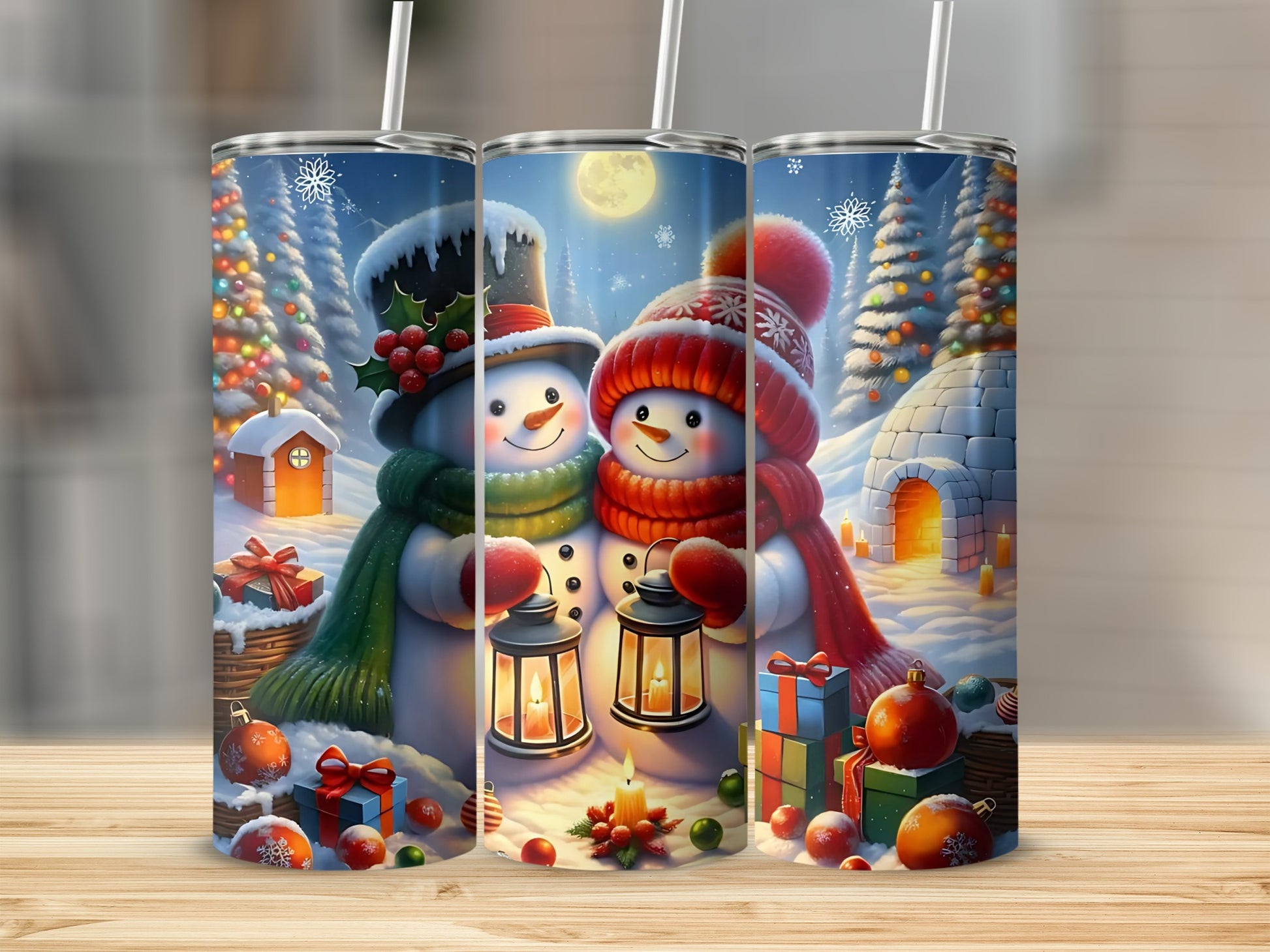 Festive Snowmen Lanterns and Christmas Cheer Tumbler