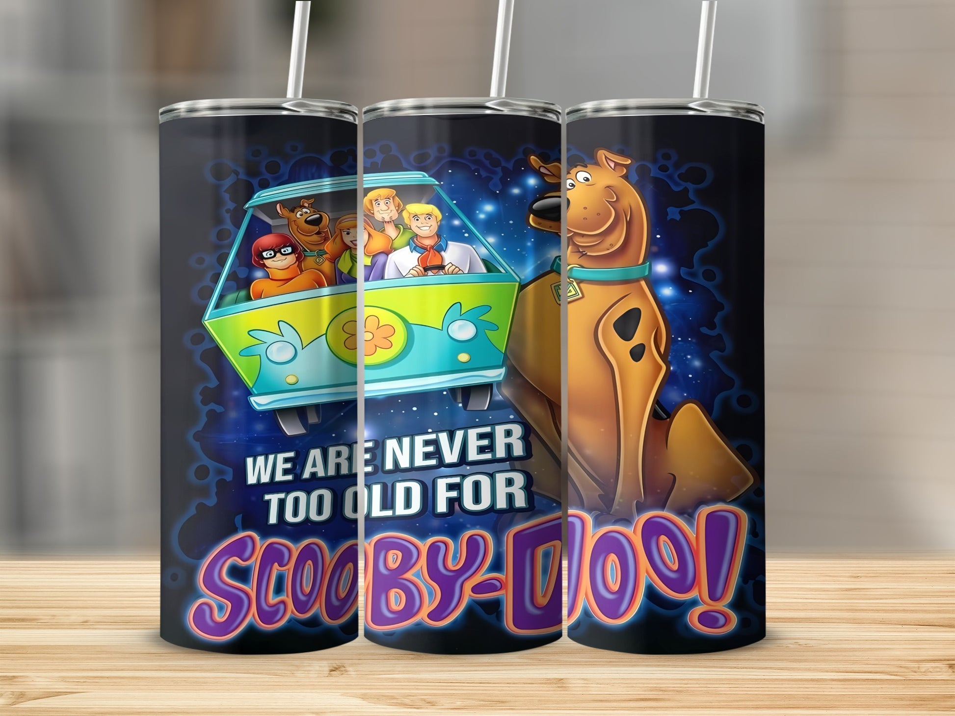 Scooby-Doo gang in Mystery Machine, "We are never too old for Scooby-Doo!"