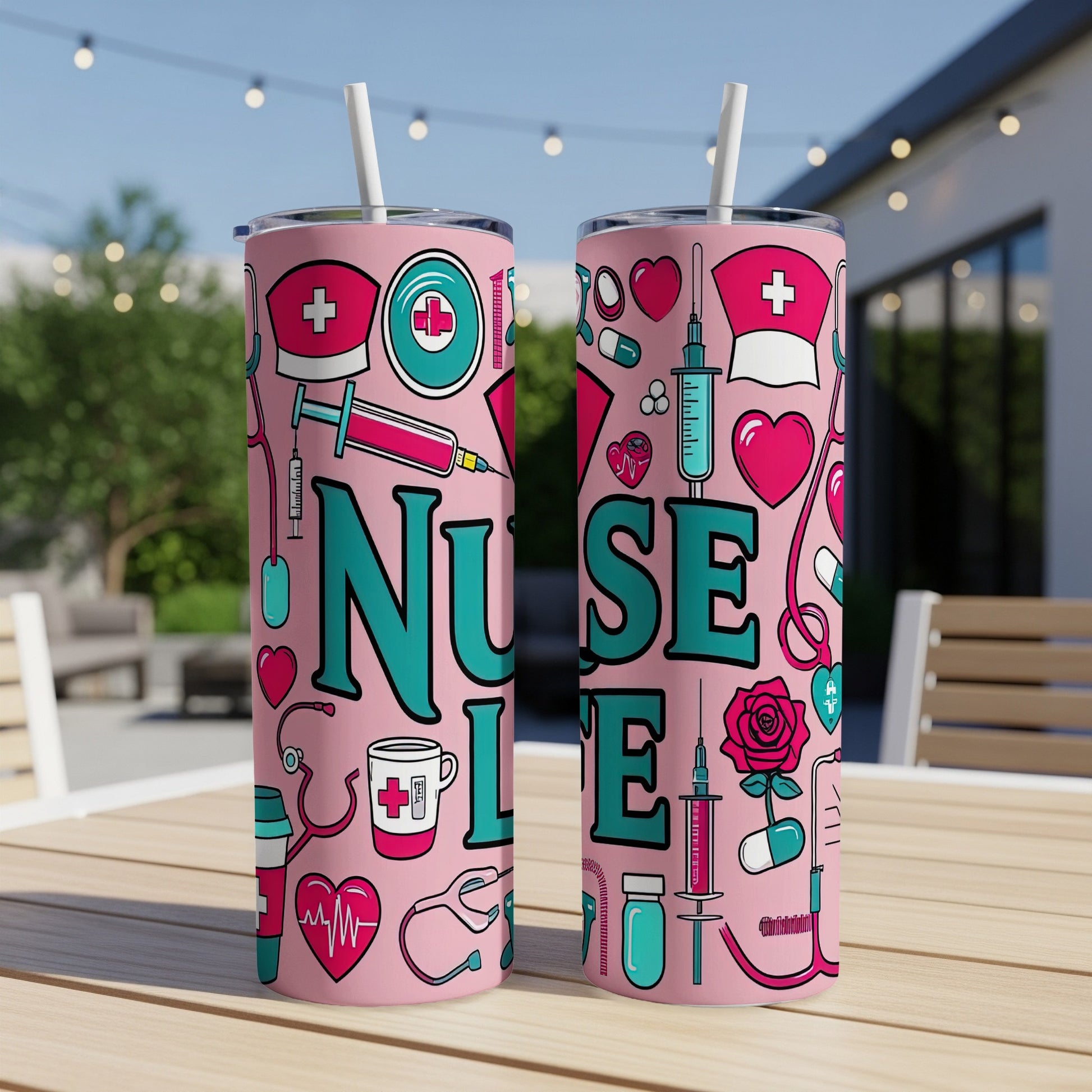 Nurse Life tumbler with medical icons on a table outdoors.