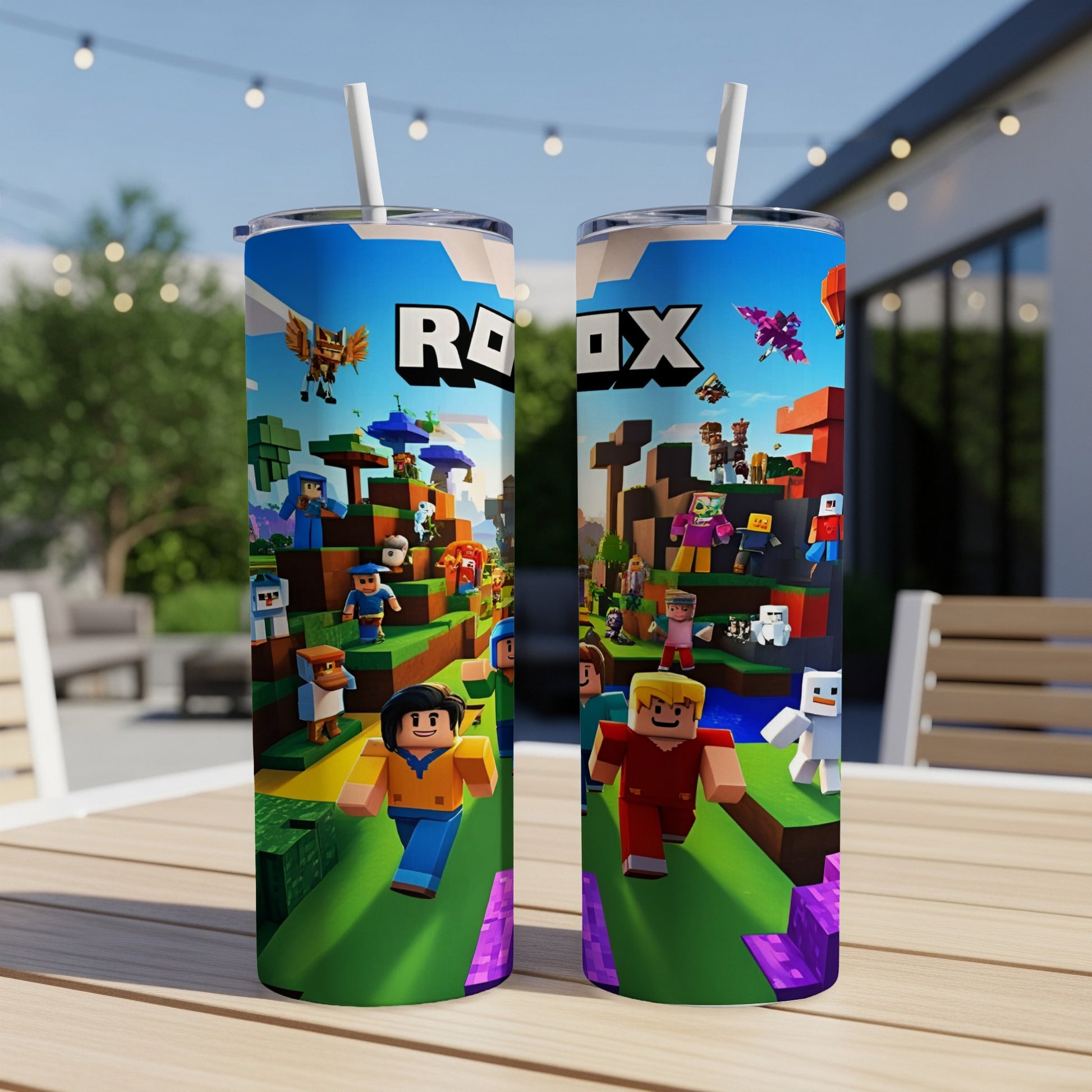 Roblox characters on a colorful, pixelated game background with straws.