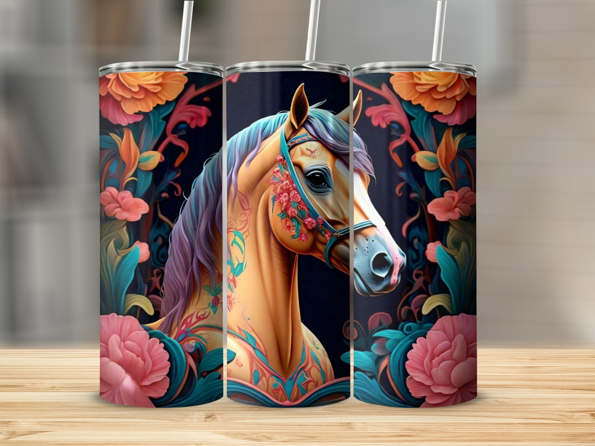 Colorful Horse Design Floral Decorated Tumbler