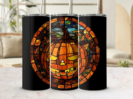 Black tumbler with a stained glass jack-o'-lantern design.