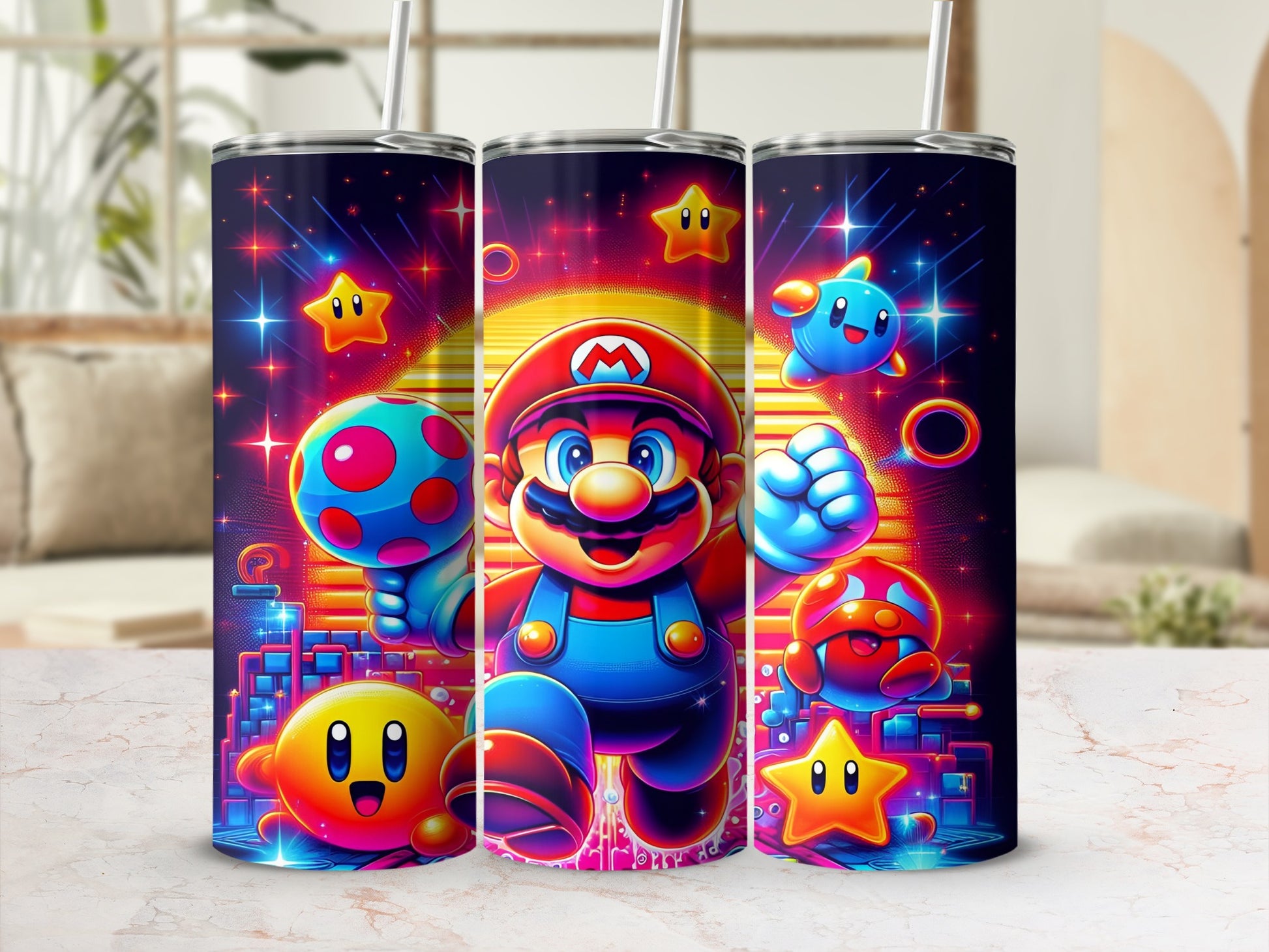 Super Mario and friends with stars and colorful city skyline on a tumbler.