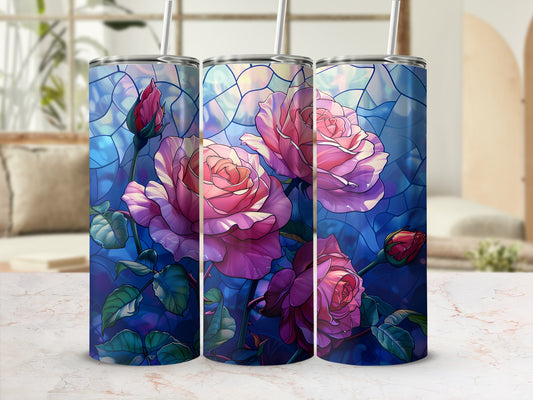 Three tumblers with a stained-glass rose design in pink and blue hues.