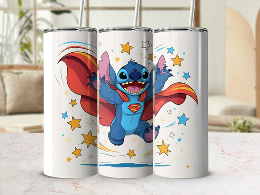 Tumbling Stitch with red cape and stars on white tumblers.