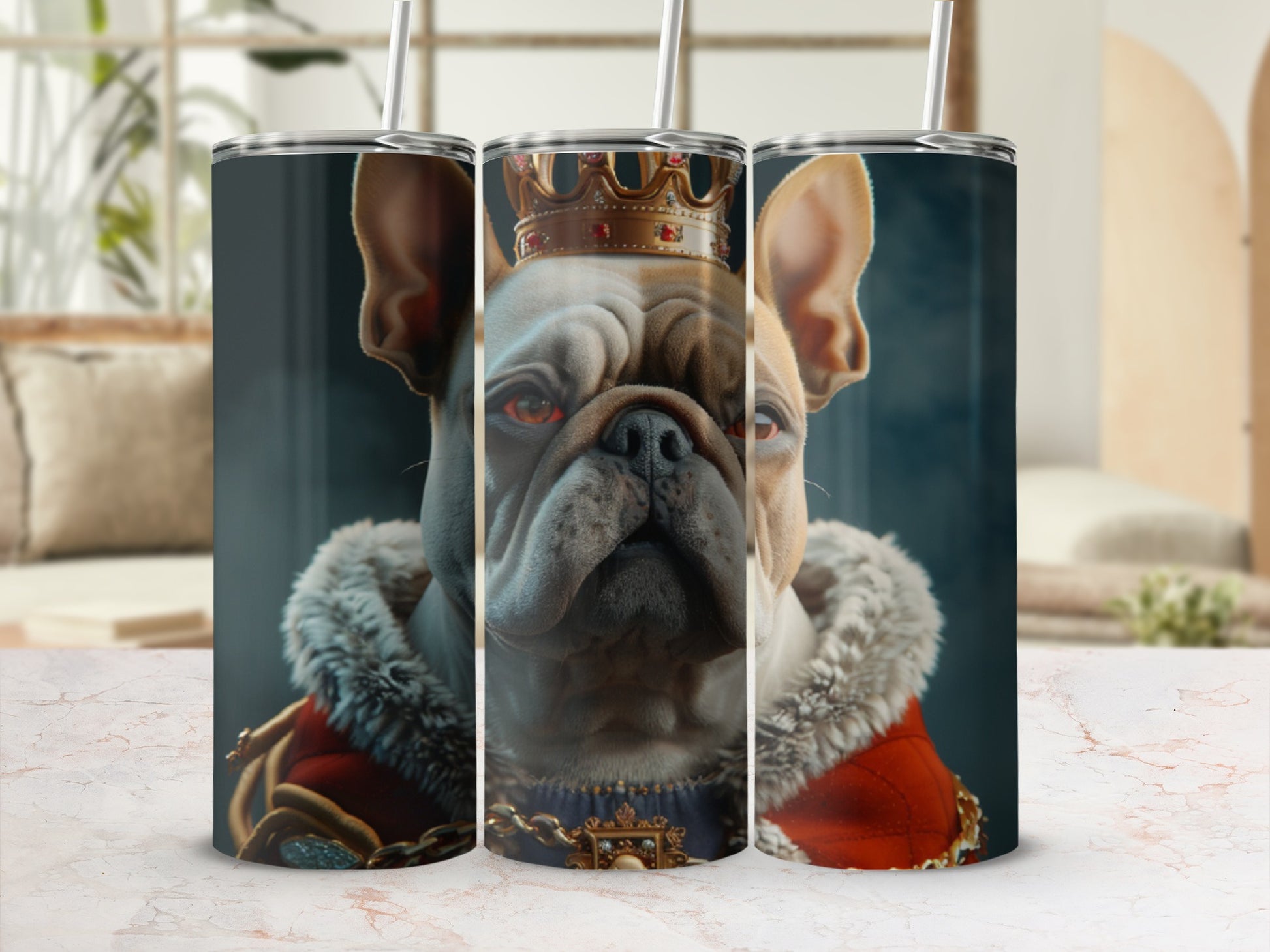 French bulldog wearing a crown and regal cape.