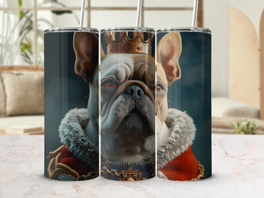 French bulldog wearing a crown and regal cape.